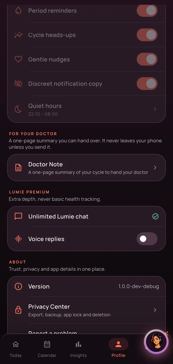 The doctor note sheet, offering three months, six months or everything, saying how many days in that range have an entry, and switches for your name, the day by day log and your written notes.