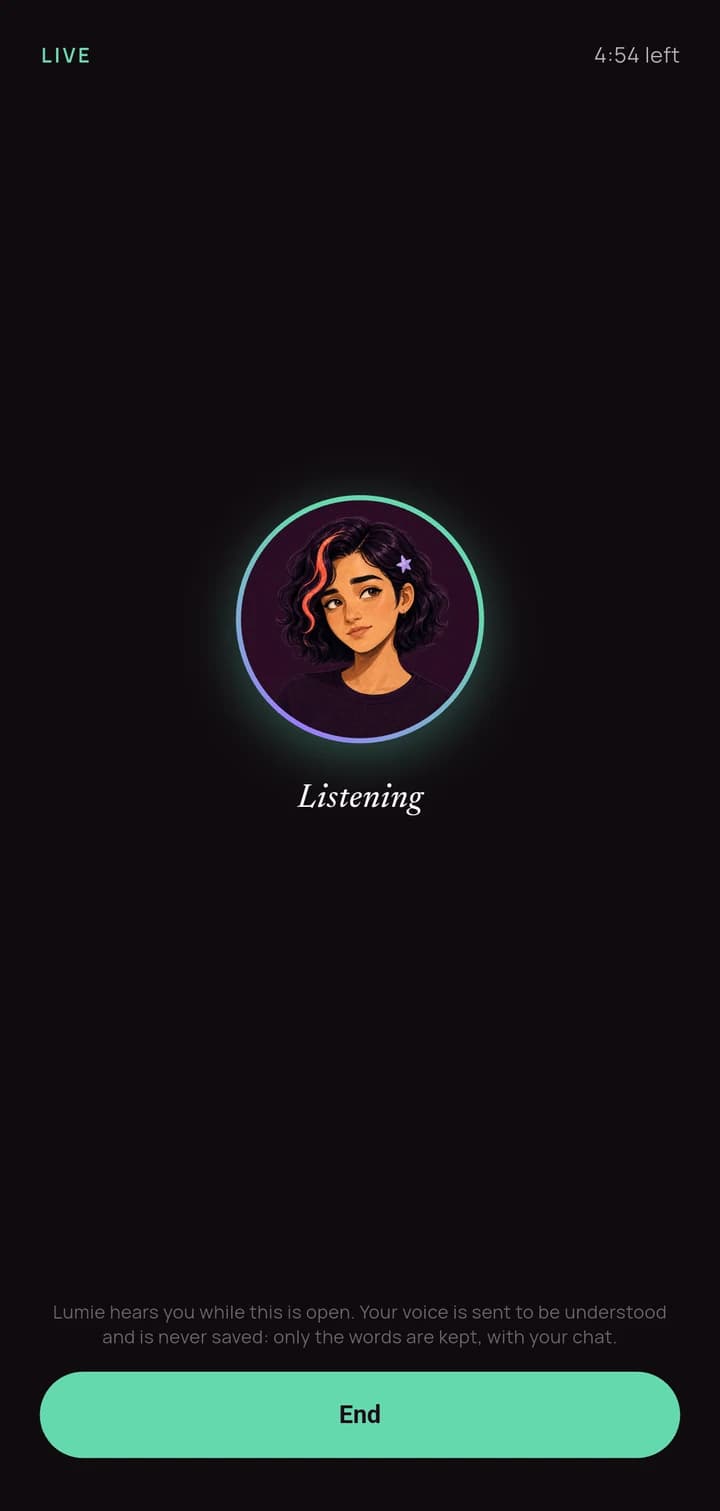 The live voice screen, showing Lumie listening, the time remaining in the session, and a line saying her voice is sent to be understood and never saved.