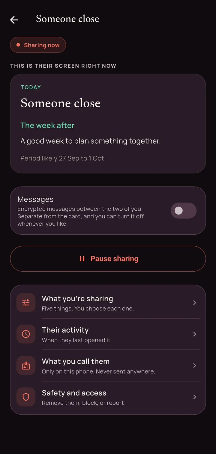 The sharing hub, showing exactly what the other person sees right now, a switch for messages, a full width pause button, and rows for what you share, their activity and safety.