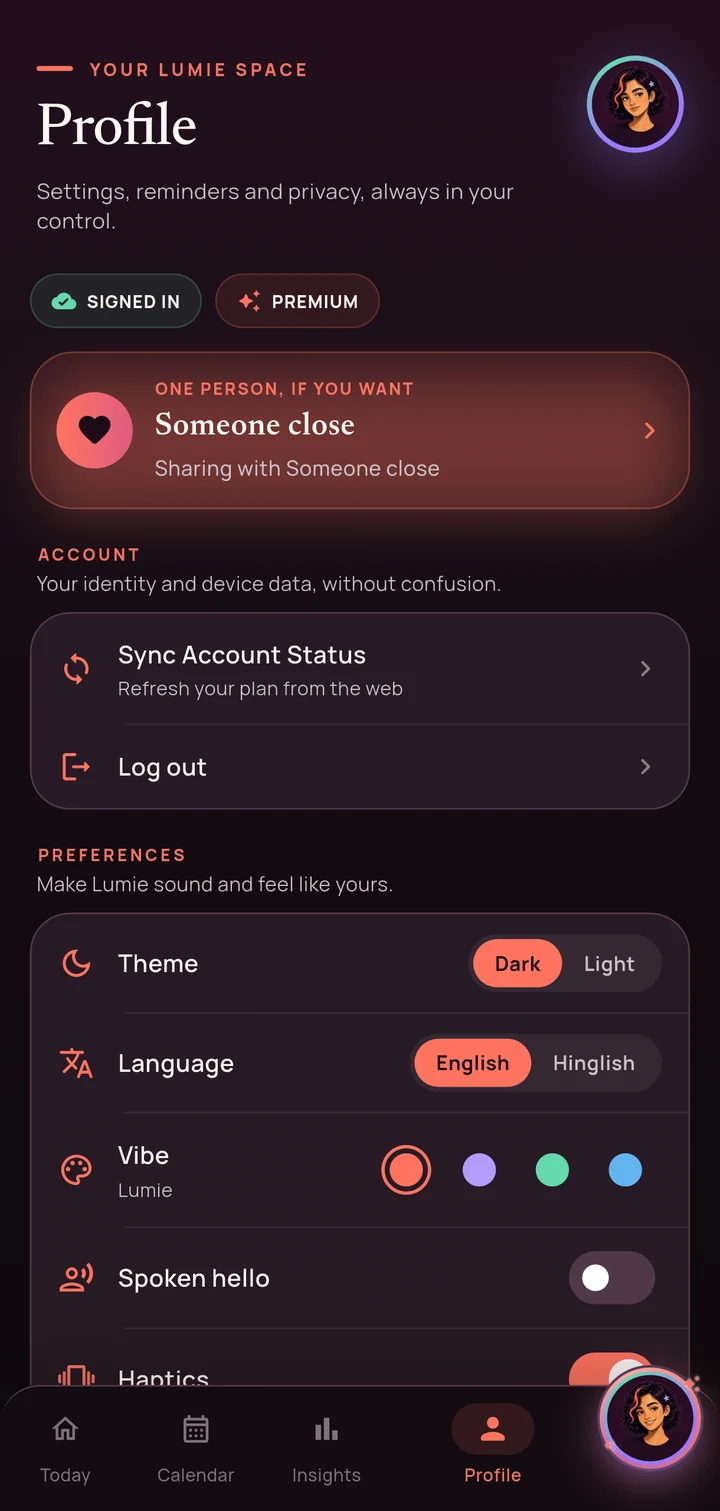 The profile screen, with the sharing card at the top and rows for theme, language, accent colour and spoken greeting underneath.