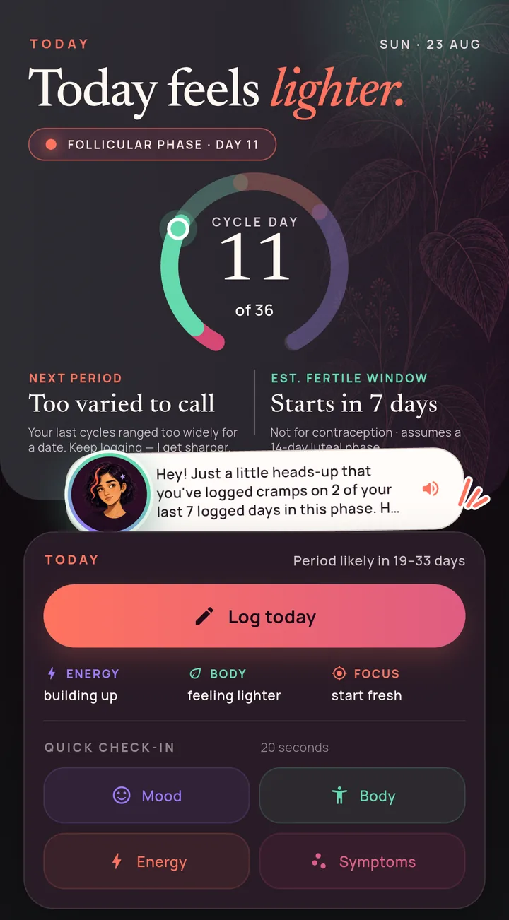 Lumie's home screen, reading 'Today feels lighter' above a cycle ring on day 11 of the follicular phase, with the fertile window estimated to start in seven days.